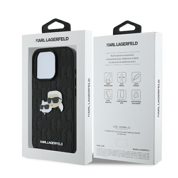 Case for Apple iPhone 16 Pro, Karl Lagerfeld, Monogram Karl & Choupette's Heads, Black
