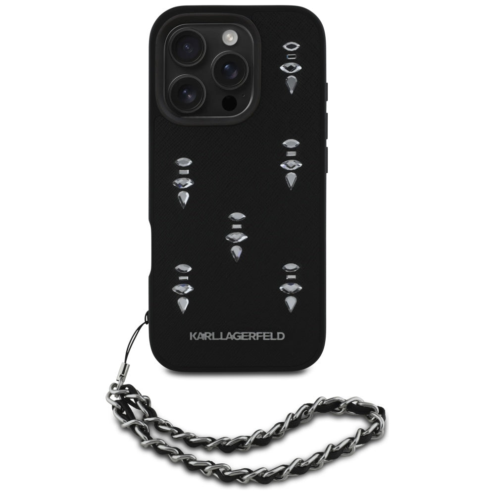 Case for Apple iPhone 16 Pro Max, Karl Lagerfeld, Saffiano Crystals & Charm, Black