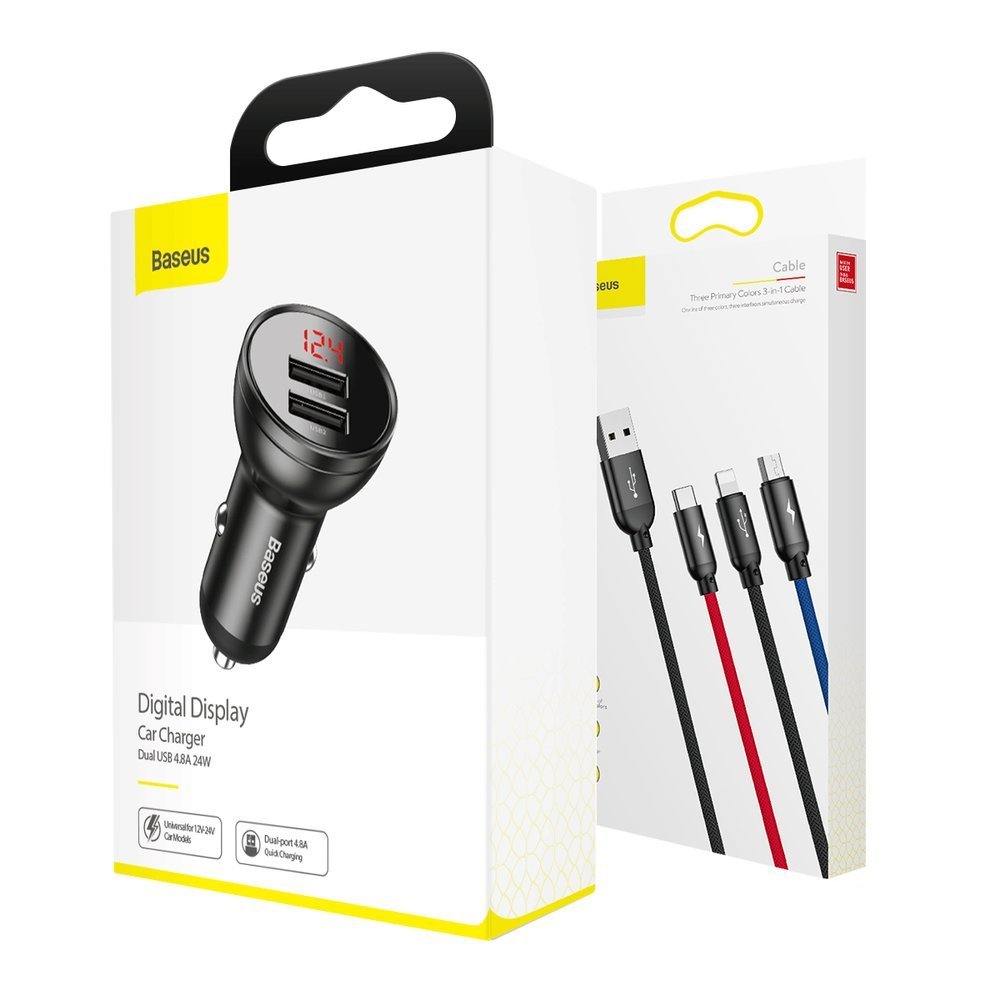Car Charger with Lightning - microUSB - USB-C Cable Baseus Digital Display, 24W, 2.4A, 2 x USB-A, Grey TZCCBX-0G