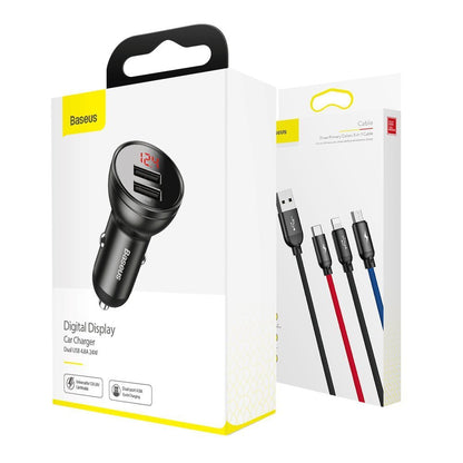 Car Charger with Lightning - microUSB - USB-C Cable Baseus Digital Display, 24W, 2.4A, 2 x USB-A, Grey TZCCBX-0G