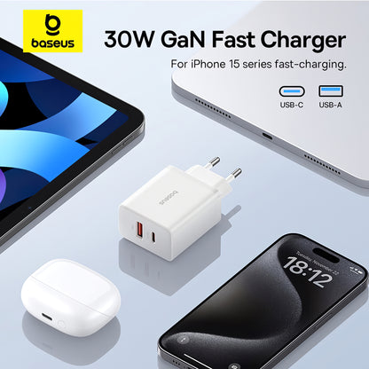 Network Charger Baseus Cube, 30W, 2.4A, 1 x USB-A - 1 x USB-C, White P10111404213-00 