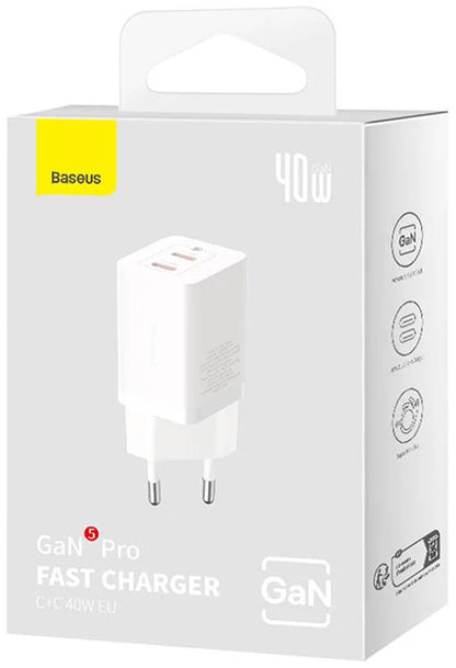 Baseus GaN5 Pro Network Charger, 40W, 3A, 2 x USB-C, White CCGP180102