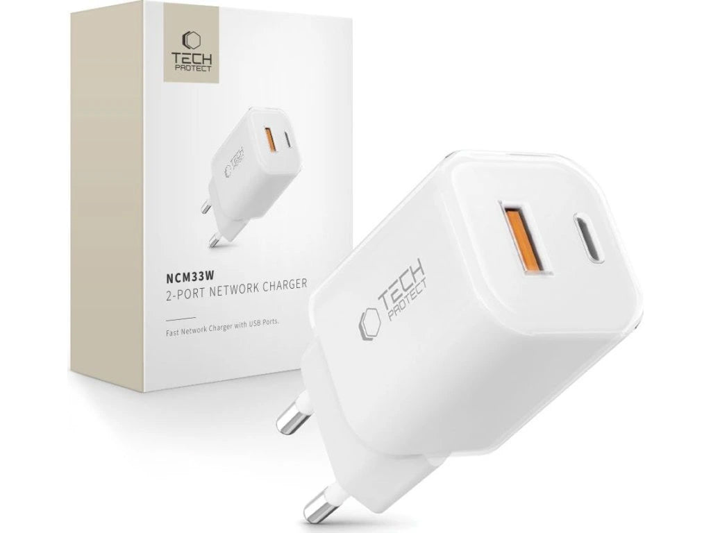 Tech-Protect NCM33W Network Charger, 33W, 3A, 1 x USB-A - 1 x USB-C, White