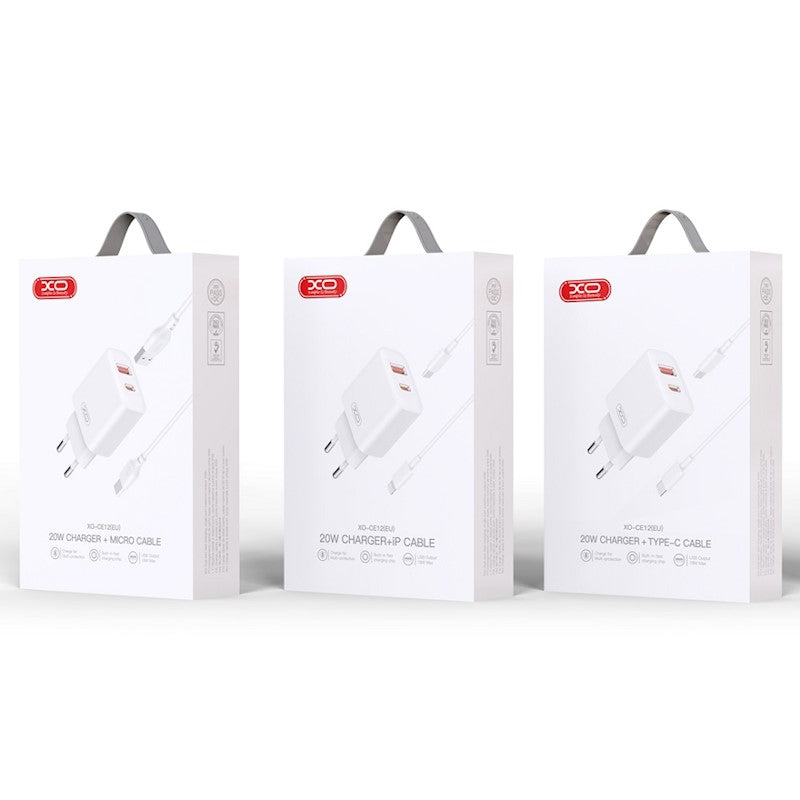 Network Charger with USB-C Cable XO Design CE12, 20W, 3A, 1 x USB-A - 1 x USB-C, White