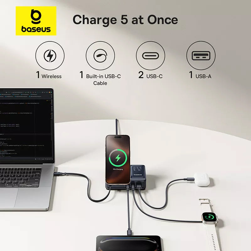 Baseus Nomos QI 5in1 Charging Station, 140W, 5A, 1 x USB-A - 2 x USB-C, Black P10178800123-00