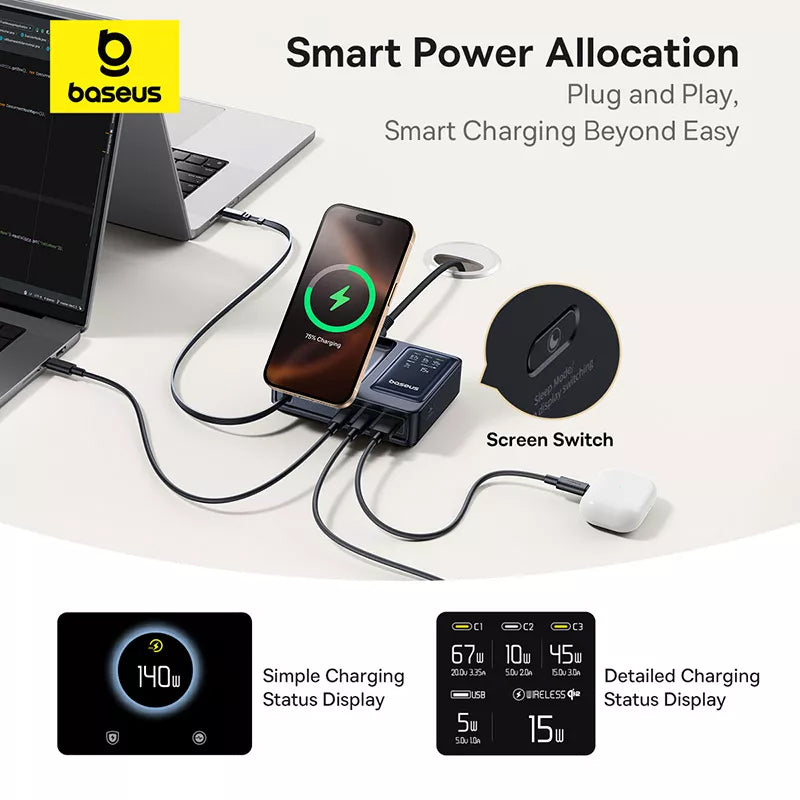 Baseus Nomos QI 5in1 Charging Station, 140W, 5A, 1 x USB-A - 2 x USB-C, Black P10178800123-00